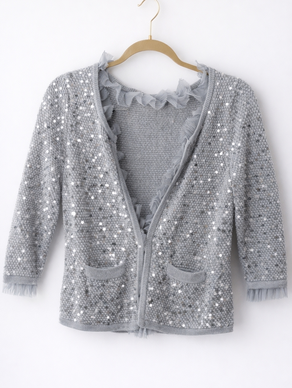 WHITE HOUSE BLACK MARKET Grey Silver Sequined Ruffle Sweater Cardigan XS